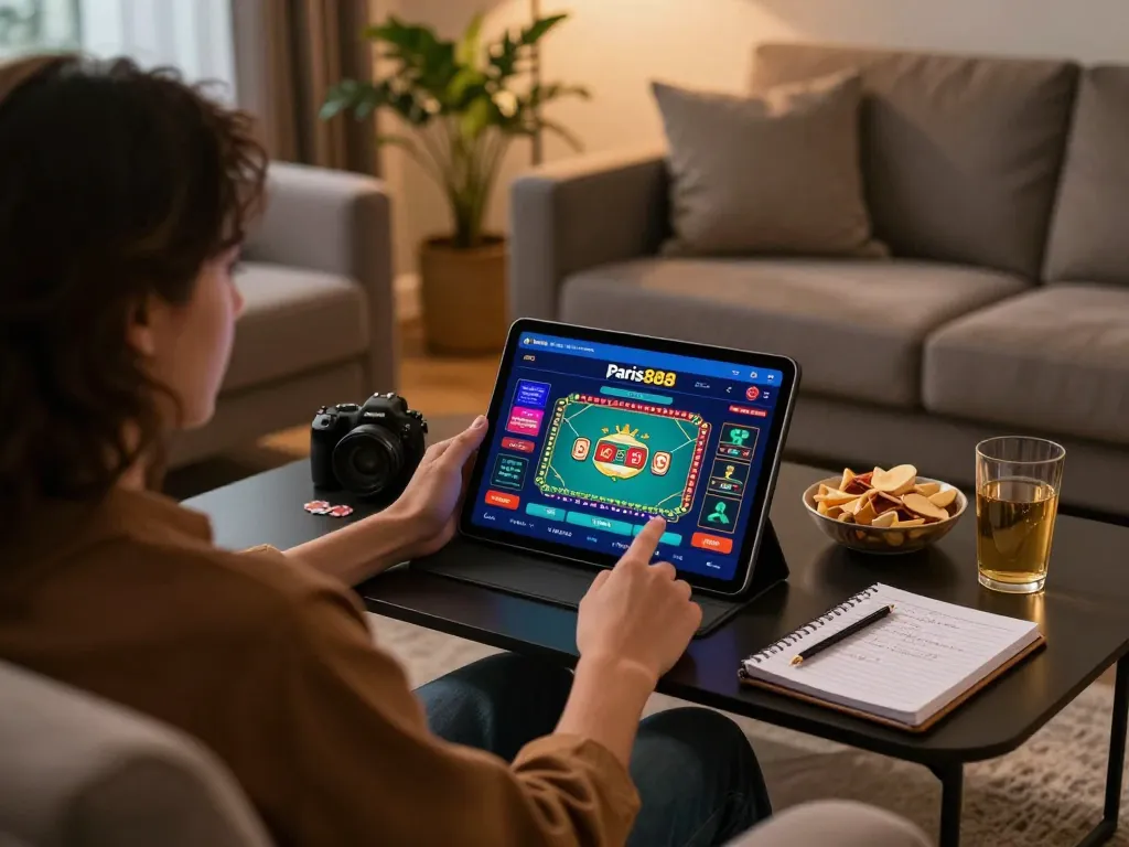 Sesi poker online yang menarik dengan aplikasi paris888 di tablet di ruang tamu yang nyaman.