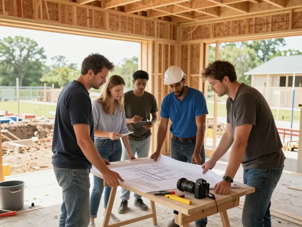 General contractor leading a residential construction project with team collaboration and blueprints.