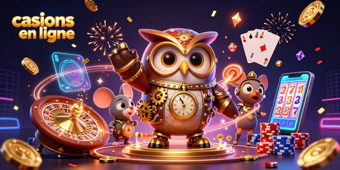 Jouez dans des casinos en ligne avec cette illustration captivante d'une chouette steampunk, des pièces et des cartes.