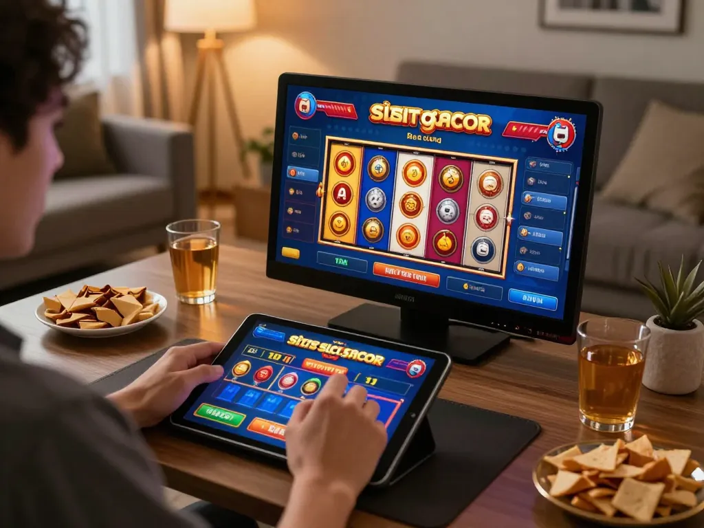 situs slot gacor game being played on tablet in inviting home atmosphere