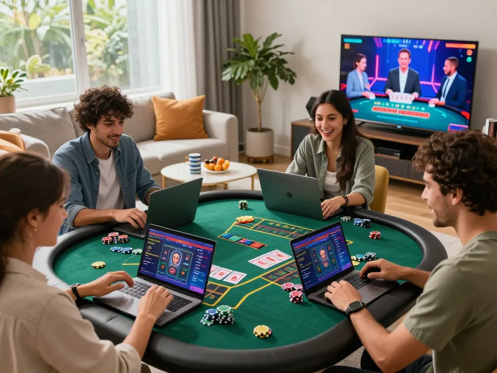 Engaged friends enjoying a virtual 바카라사이트 gaming session in a lively living room with vibrant decor.
