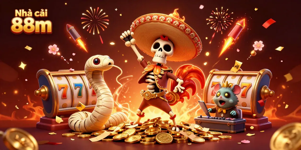 Experience thrilling wins with Nhà cái 88m in a festive 3D casino scene featuring lively characters.