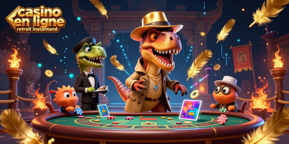 Illustration d’un casino en ligne retrait instantané avec un velociraptor et un pit boss, mise en scène dynamique.