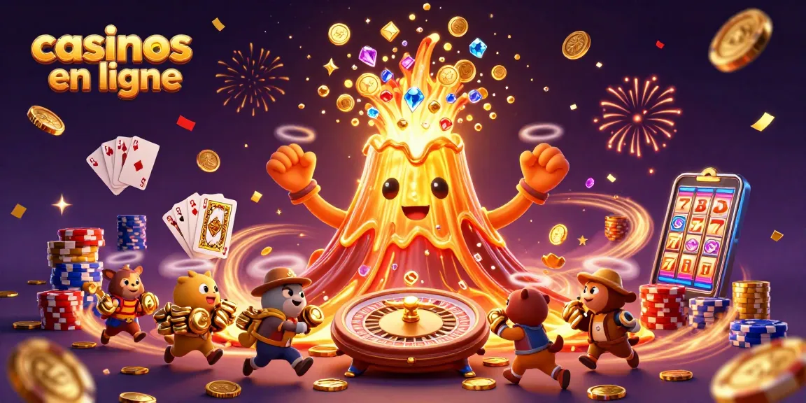 Plateforme dynamique des casinos en ligne avec un volcan d'or, des trésors et une roulette effervescente.