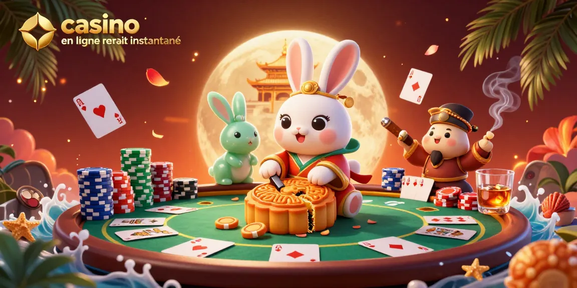 Illustration d'un casino en ligne retrait instantané avec un lapin lunaire et des jetons de poker