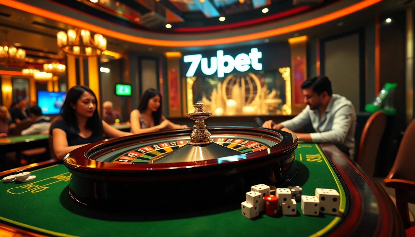 7upbet online gaming interface with poker chips and roulette wheel in a luxurious casino scene