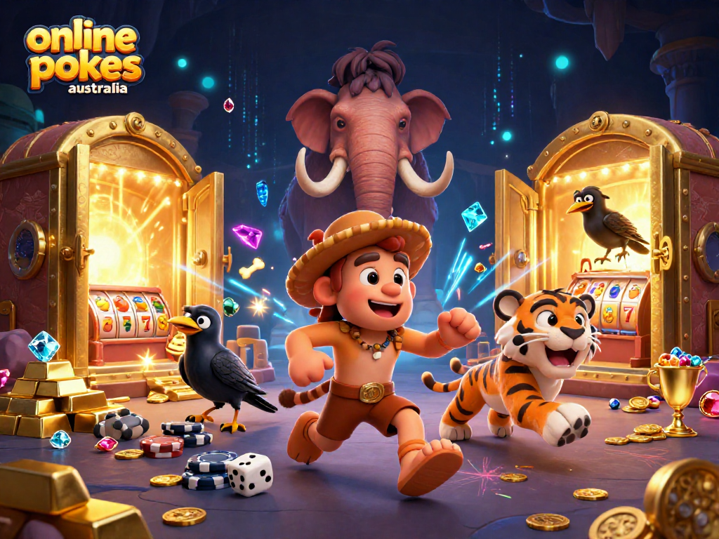Experience the thrill of online pokies Australia with this dynamic 3D illustration featuring a caveman and sabertooth duo in a lively casino.
