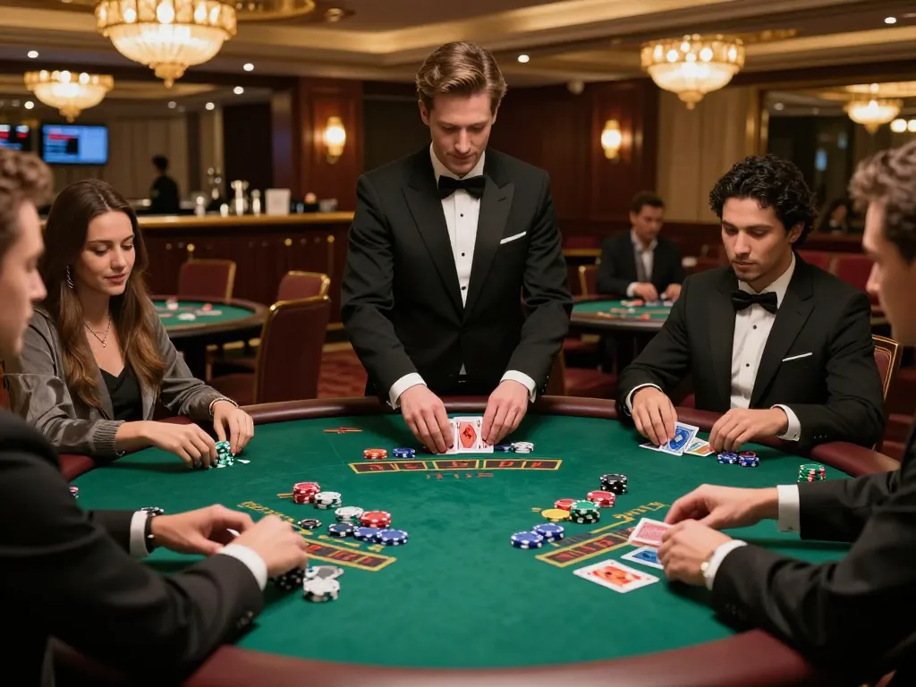 Players engaging in a thrilling blackjack game at 388bet, showcasing excitement with colorful chips and warm lighting.