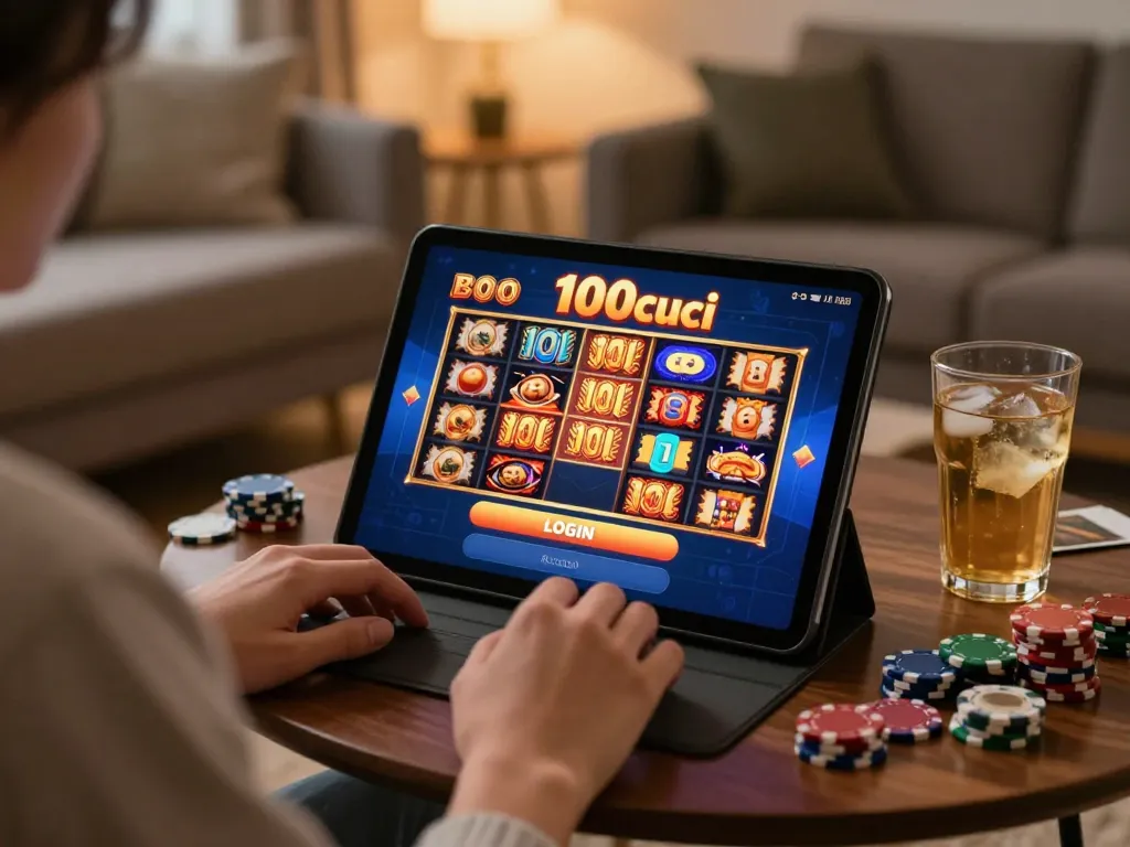 Bersembang dengan antara muka 100cuci slot login di tablet dalam suasana rumah yang selesa, menekankan perjudian yang bertanggungjawab.