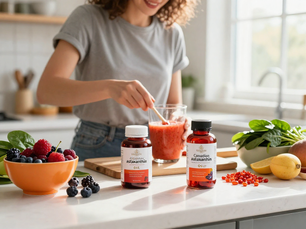 Fresh smoothie preparation with Canadian astaxanthin brand oil promoting health and vitality.