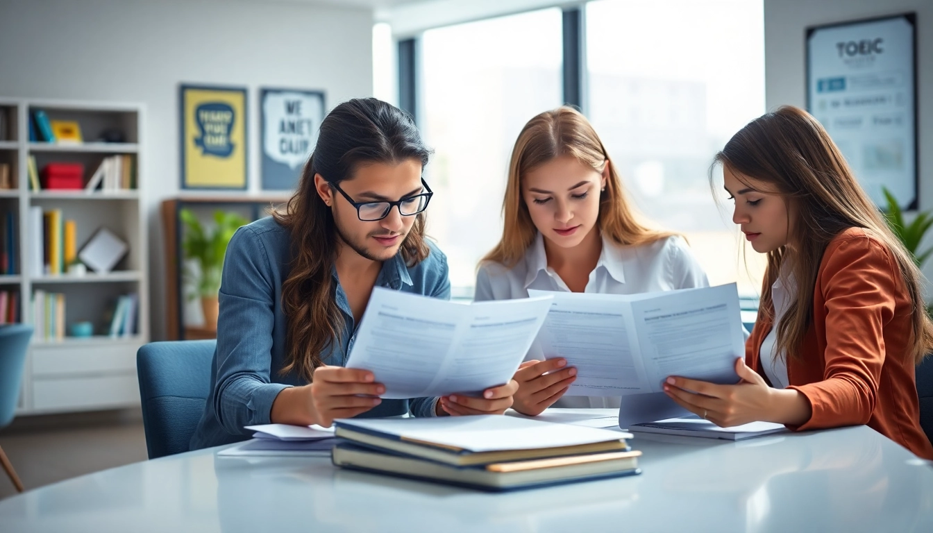 Engaged TOEIC test takers for hire studying in a modern office environment.