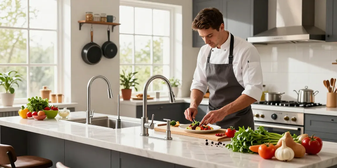 Modern kitchen scene with stylish kitchen faucets showcasing elegance and functionality in a gourmet setting.