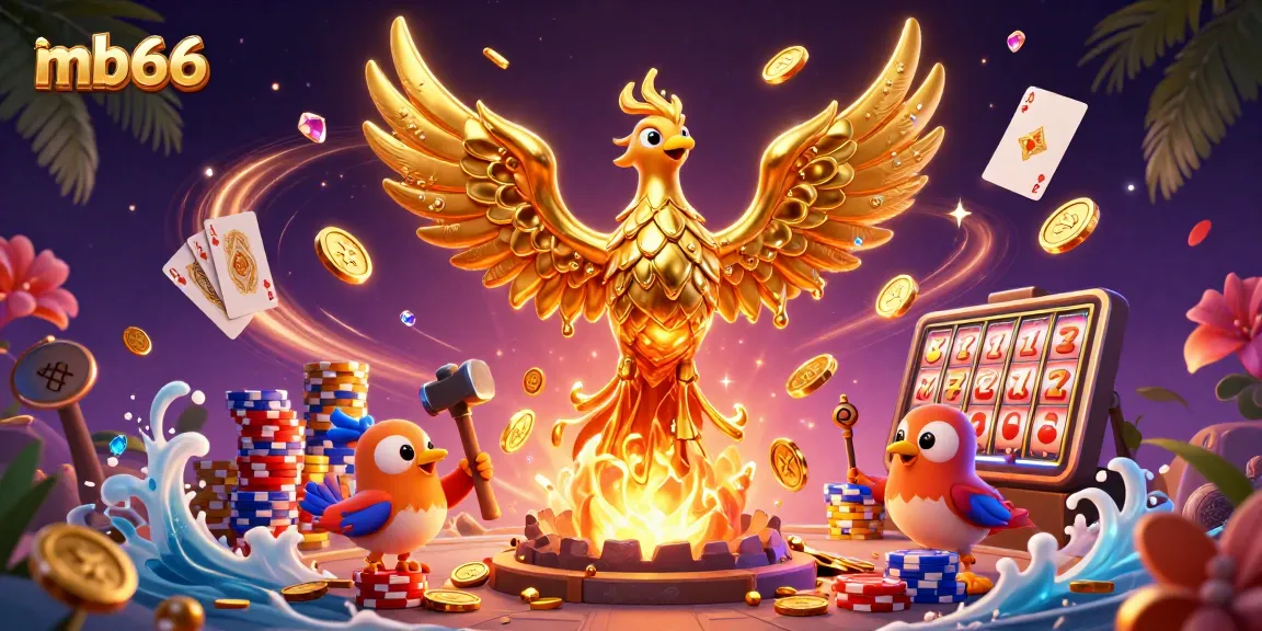 Experience thrilling gameplay at mb66 with a shimmering golden phoenix and colorful casino elements.