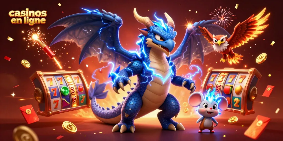 Jouez dans des casinos en ligne avec un dragon électrisant et des machines à sous scintillantes.