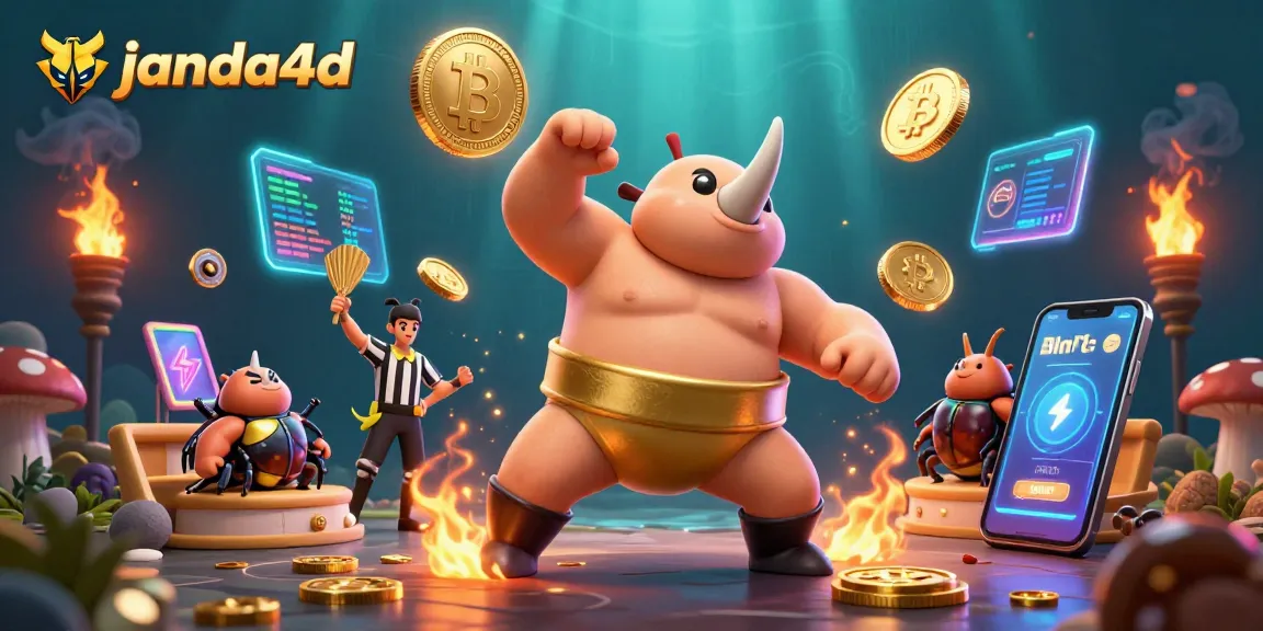 janda4d menampilkan juara sumo kumbang badak melakukan serangan hebat yang memancarkan koin emas