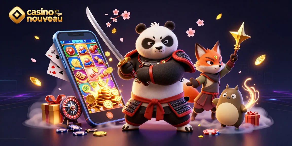 Illustration d'un samouraï panda et un renard ninja autour de jeux de casino en ligne nouveau.