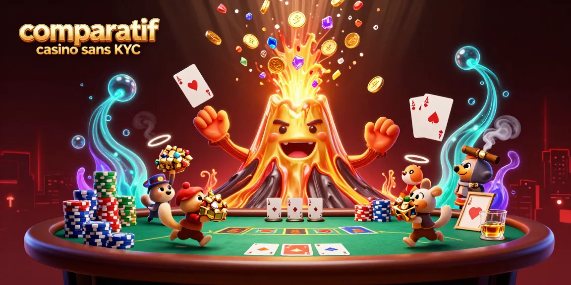 Découvrez le comparatif casino sans KYC avec une scène colorée de jeux de poker et un volcan d'or.