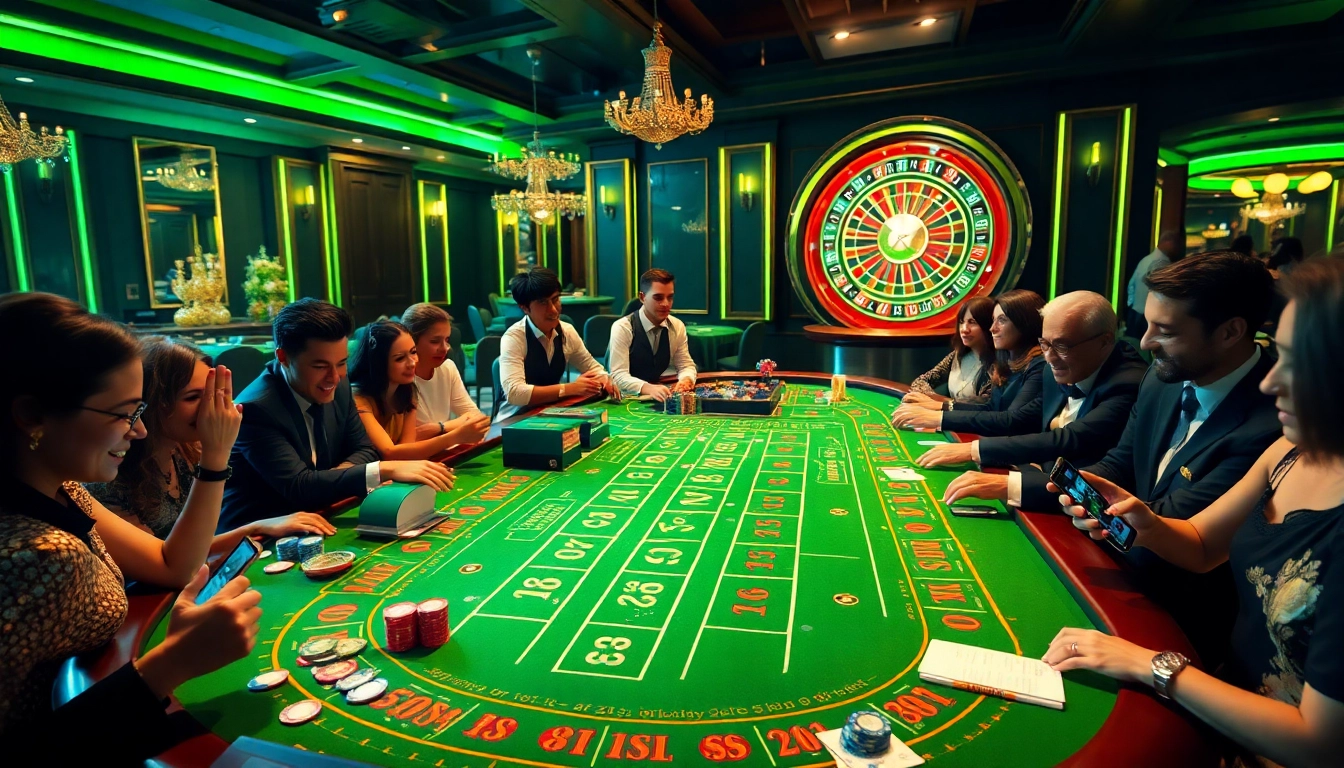 Exciting scene at a casino with players engaging using the Fun88 link at a craps table.