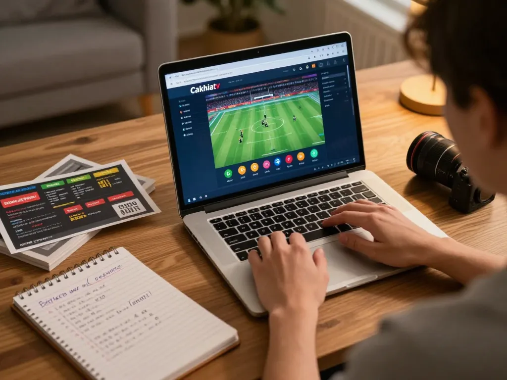 Cakhiatv user engaged in online sports betting, focused on laptop screen showing betting options in a cozy home setting.