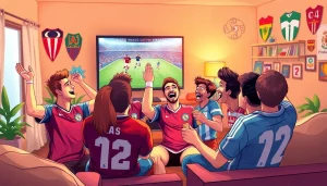 해외축구중계를 시청하며 응원하는 축구 팬들의 활기찬 모습