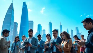 Showcasing technology in a vibrant cityscape with people engaging with devices.