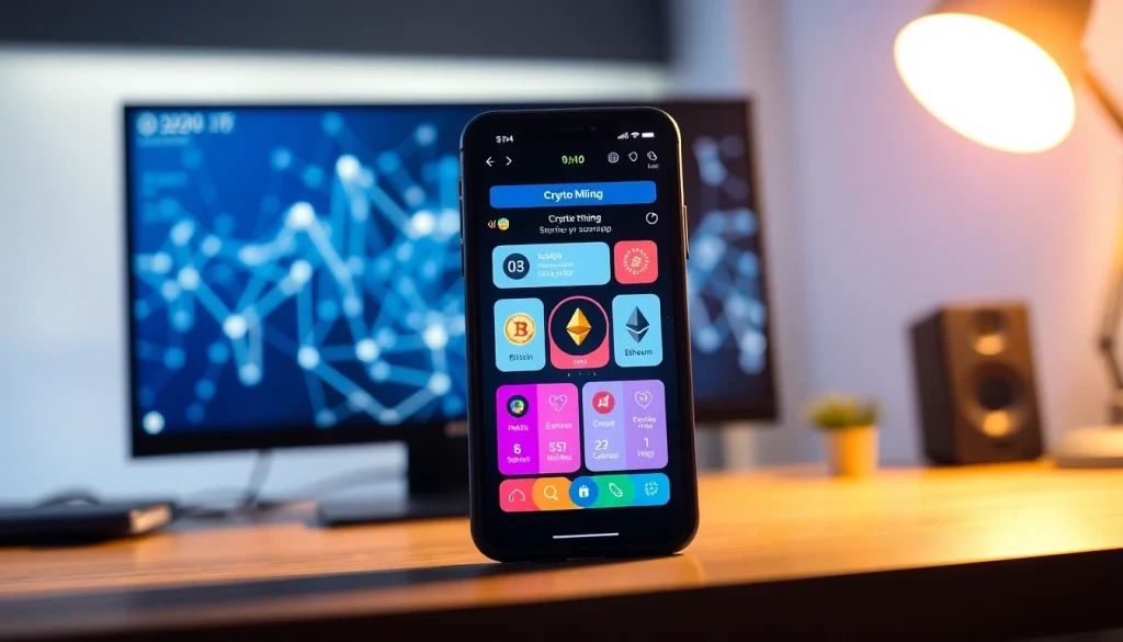 Crypto mining app interface showcased on a smartphone in a modern workspace.