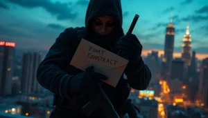 Assassin poised with a gun and contract, depicting Contracts and Bullets in a thrilling urban setting.
