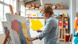 Canvas schilderen in een helder atelier met kleurrijke verf en creatieve sfeer.