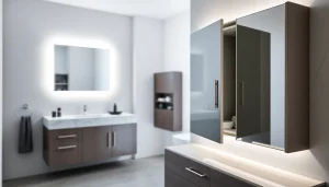 Sonni Spiegelschrank in modernem Badezimmer mit elegantem Design und Beleuchtung präsentieren.