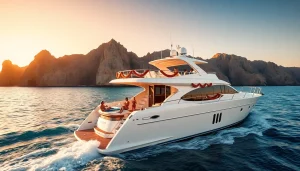 Experience the competitive Yacht rental Cabo prices with a stunning yacht sailing at sunset.