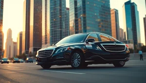 Experience premier Chauffeur Services near me with a luxury black sedan in a vibrant city setting.