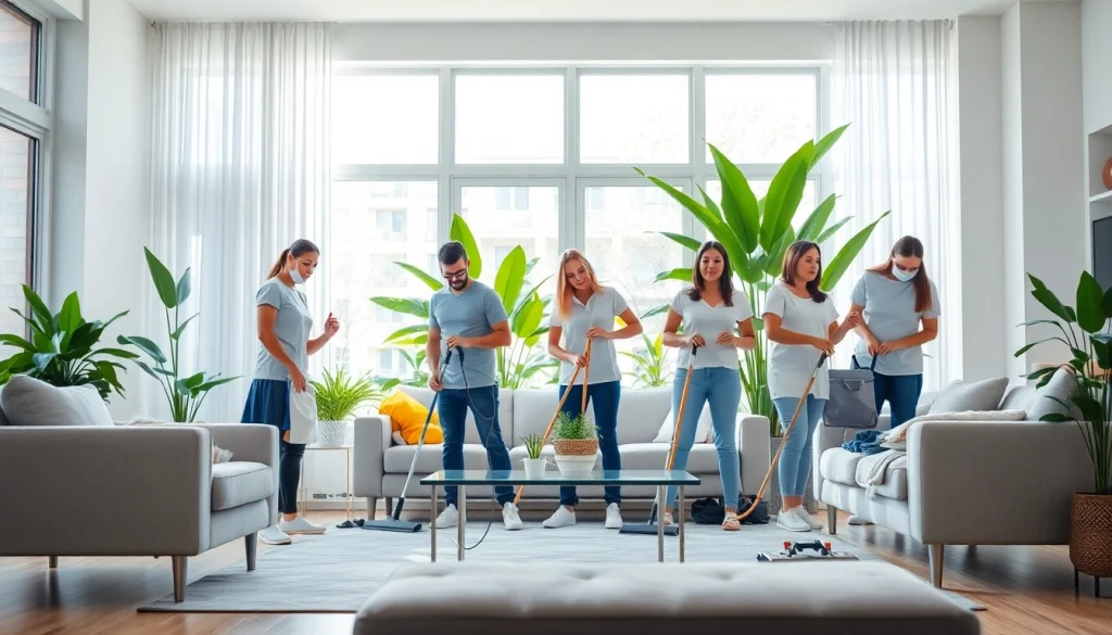 Efficient team providing cleaning service in a modern home environment.