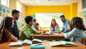 Education is actively fostered in a collaborative classroom setting with engaged students.