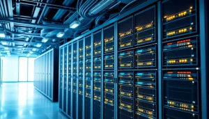 Visualize network infrastructure components in a high-tech data center setting.