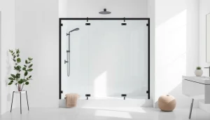 Admire la paroi de douche 150x200 en verre clair avec finitions modernes.