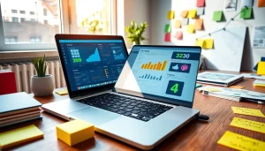 Engaging setup showcasing facebook smm panel services analysis on a laptop in a creative workspace.