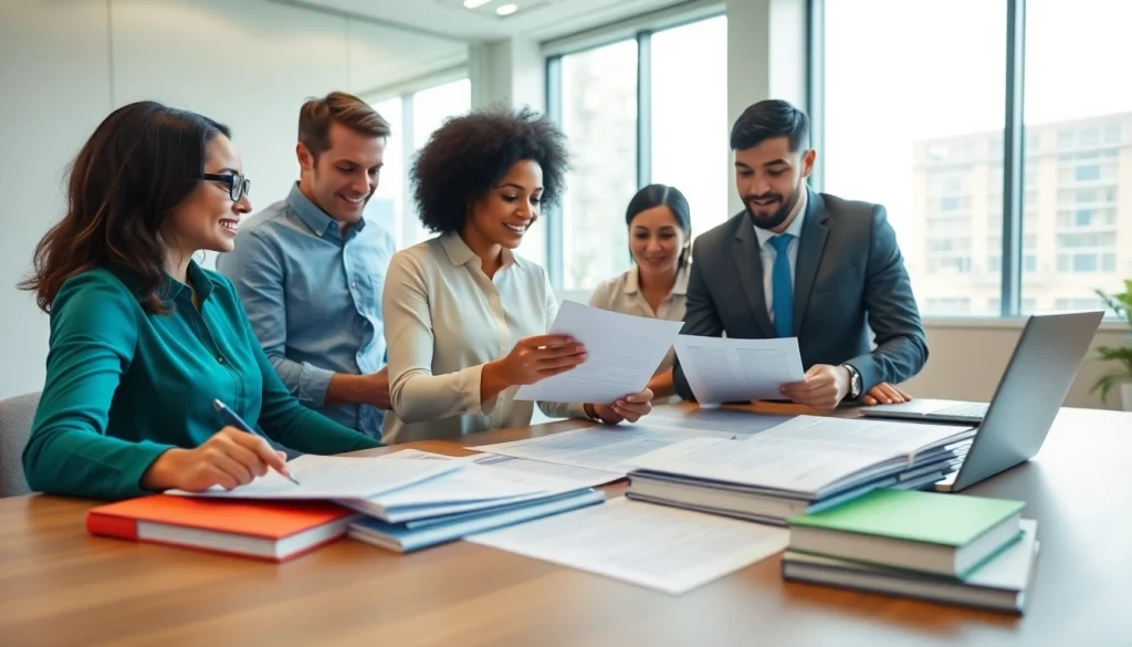 Team collaborating on Contract Management in a modern office setting with bright lighting.