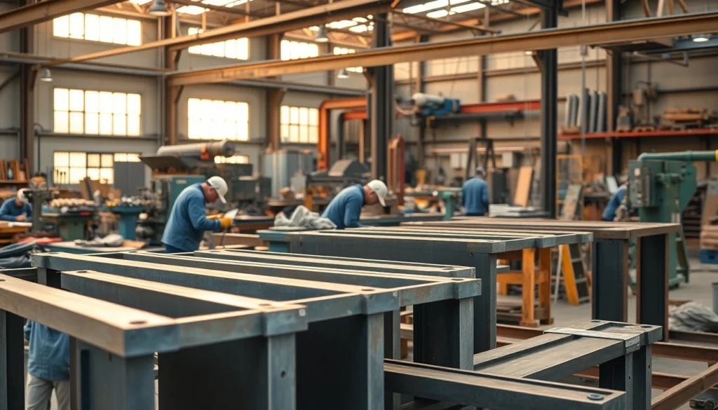 Displaying custom steel fabrication processes with expert craftsmen and finished metalwork in a bright workshop.