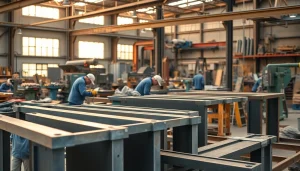 Displaying custom steel fabrication processes with expert craftsmen and finished metalwork in a bright workshop.