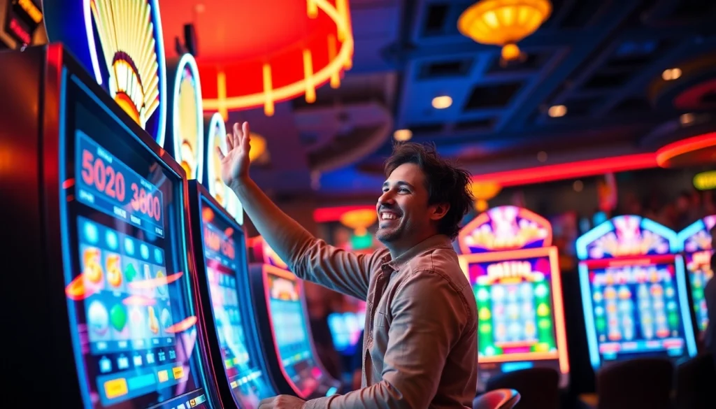 Memenangkan permainan slot pulsa dengan keceriaan dan cahaya warna-warni di kasino.