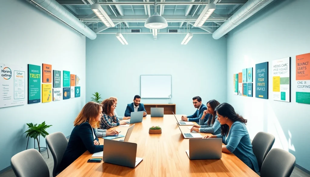 Engaging business coaching service session with diverse individuals collaborating around a table.