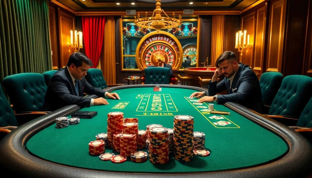 Players engaging in a thrilling poker game at THABET casino, showcasing excitement and luxury.