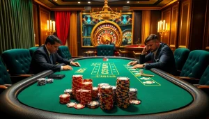Players engaging in a thrilling poker game at THABET casino, showcasing excitement and luxury.