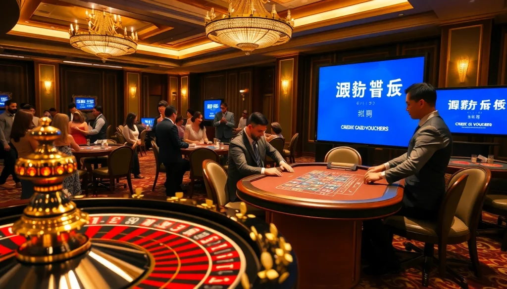 Exciting casino scene highlighting 상품권신용카드 in action with poker players and roulette wheel.