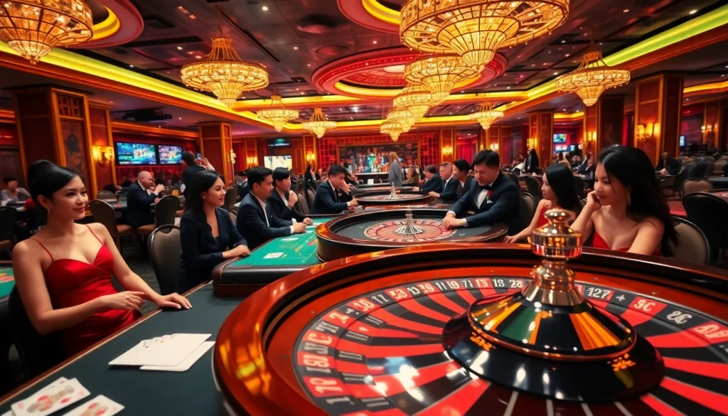 Gamblers engaging with exciting games at the casino, representing https://mm88.team/ in a vibrant gambling scene.