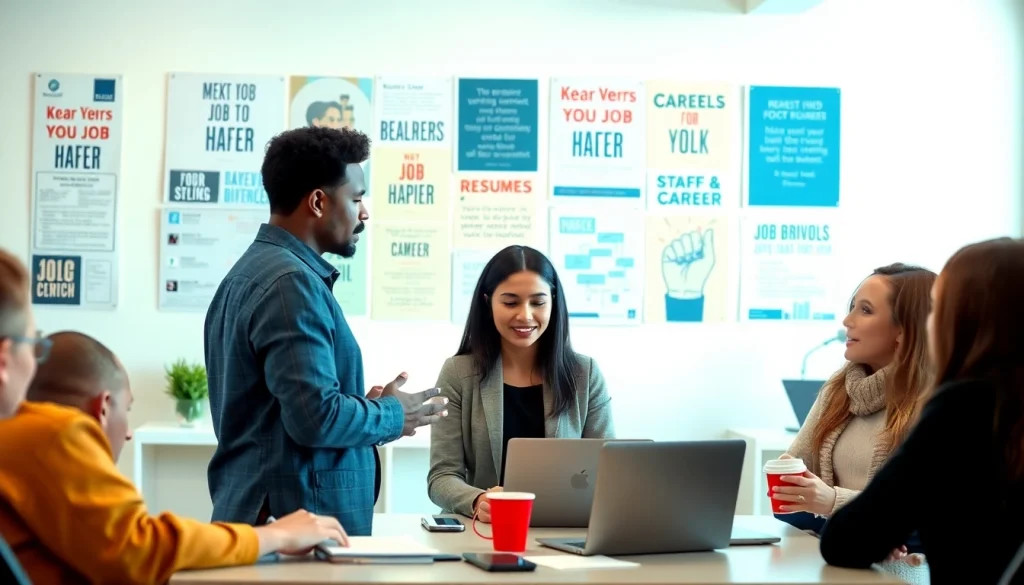 Engaged individuals receiving job help in a professional office environment promoting career growth.