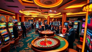 Experience excitement at THABET's vibrant casino, featuring lively gaming tables and slot machines.