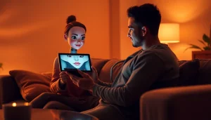 Engaging ai sex chat interaction with a lifelike AI character in a cozy setting.