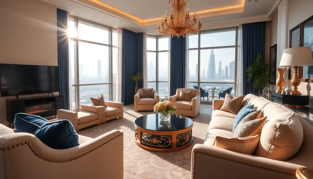 Interior design dubai luxury apartment with elegant decor and skyline view