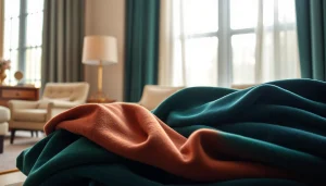 Bekijk hoogwaardige gordijnstof met luxe velours texturen in een stijlvolle binnenruimte.